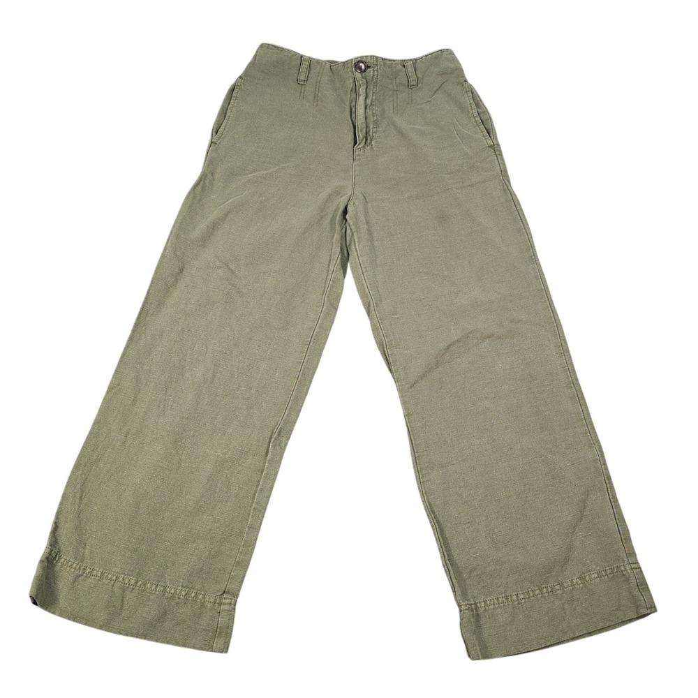 Sundance Olive Green Cotton Linen Blend Wide Leg High Rise Cropped Pants Size 2